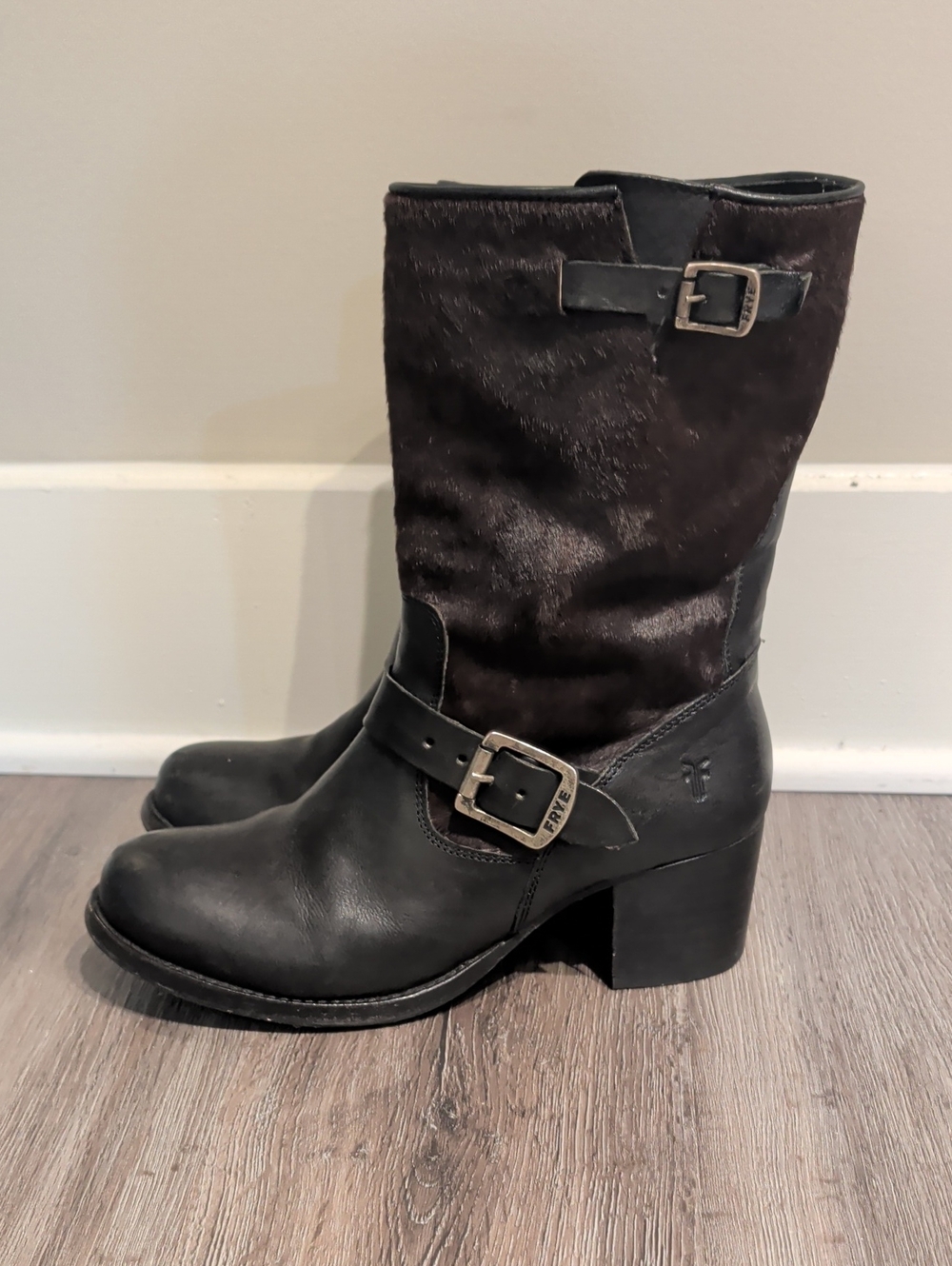 Frye Black Leather and Fur Mid-Calf Buckle Boots